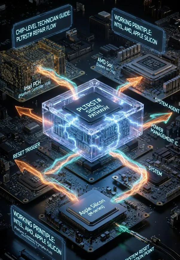 PLTRST# signal chip level repair — Intel PCH, AMD SoC and Apple Silicon platform reset pathway on laptop motherboard